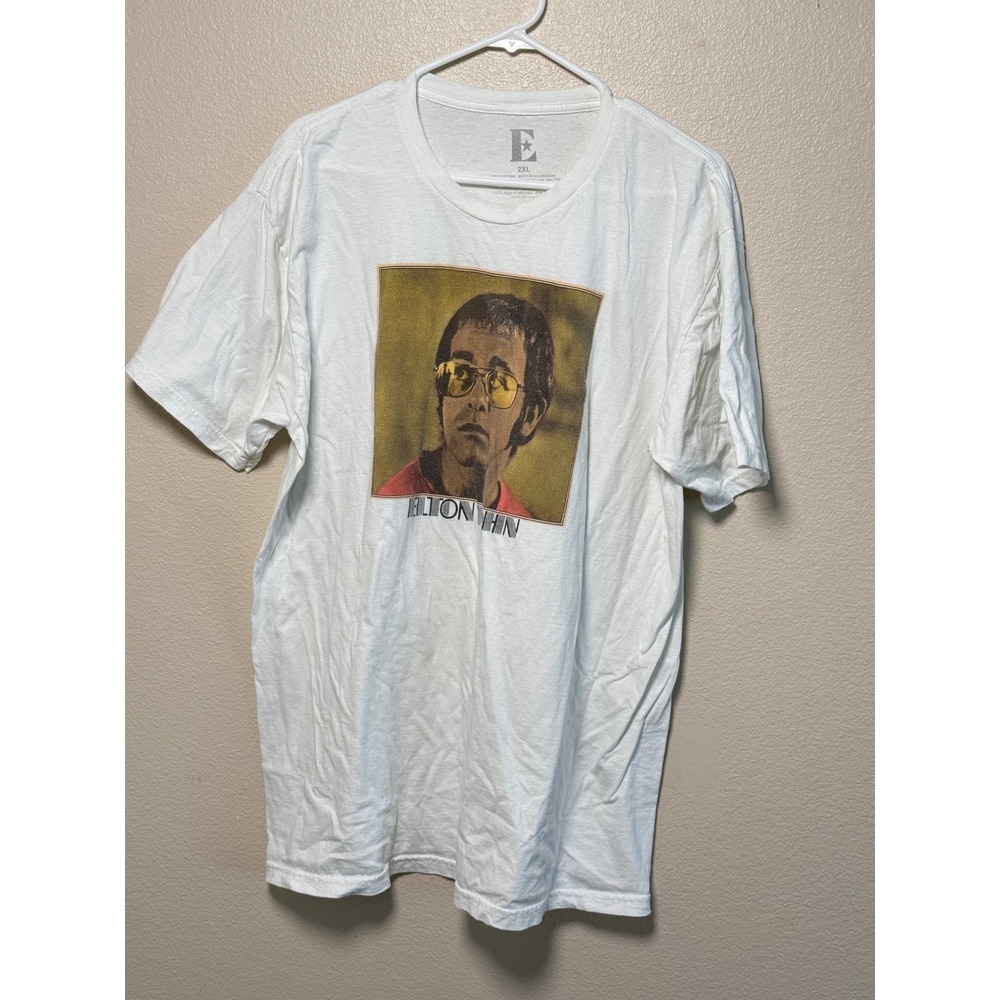 Elton John Graphic T-Shirt Mens 2XL White Cotton Short Sleeve Portrait Tee